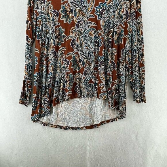 Bobeau Blouse Women's Sz M Brown Blue Paisley V-Neck High-Low Hem Tunic Pullover - Picture 7 of 11